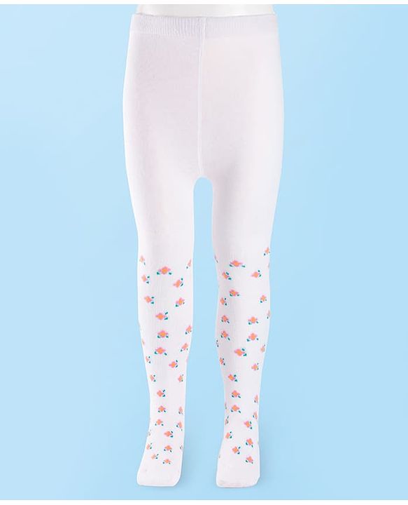 Cutewalk by Babyhug Non Terry Knit Anti-Bacterial Tights With Floral Design - White