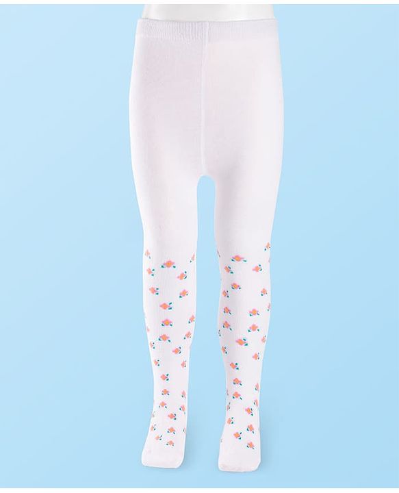 Cutewalk by Babyhug Non Terry Knit Anti-Bacterial Tights With Floral Design - White