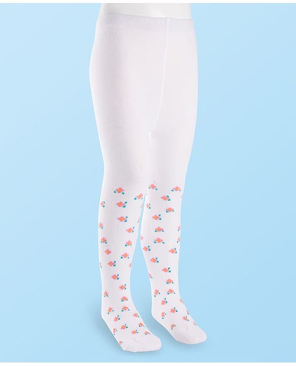 Cutewalk by Babyhug Non Terry Knit Anti-Bacterial Tights With Floral Design - White