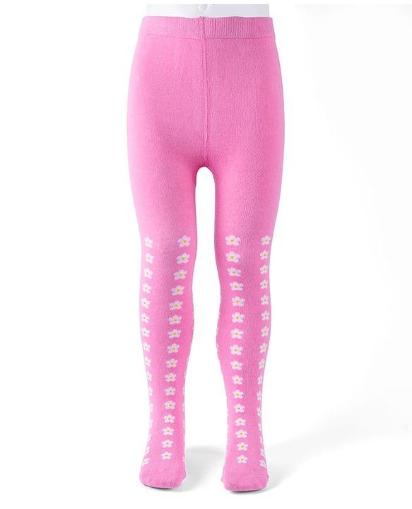Cutewalk by Babyhug Non Terry Knit Anti-bacterial Tights With Floral Design -Pink