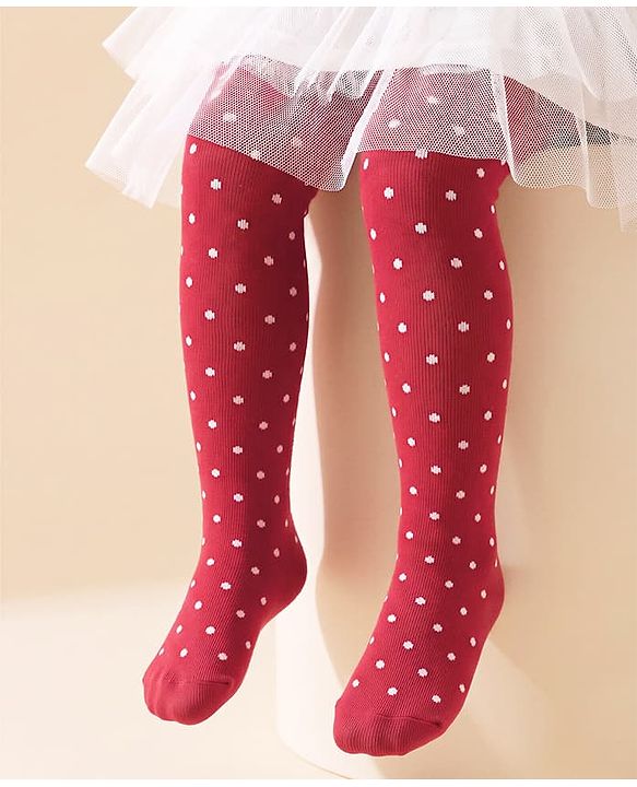 Cute Walk By Babyhug Non Terry Knit Anti-Bacterial Tights With Polka Dot Design - Maroon