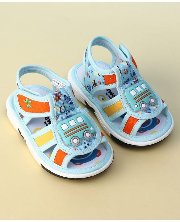 Cute Walk by Babyhug Velcro Closure Printed Musical Sandal With Vehicles Applique - Light Blue