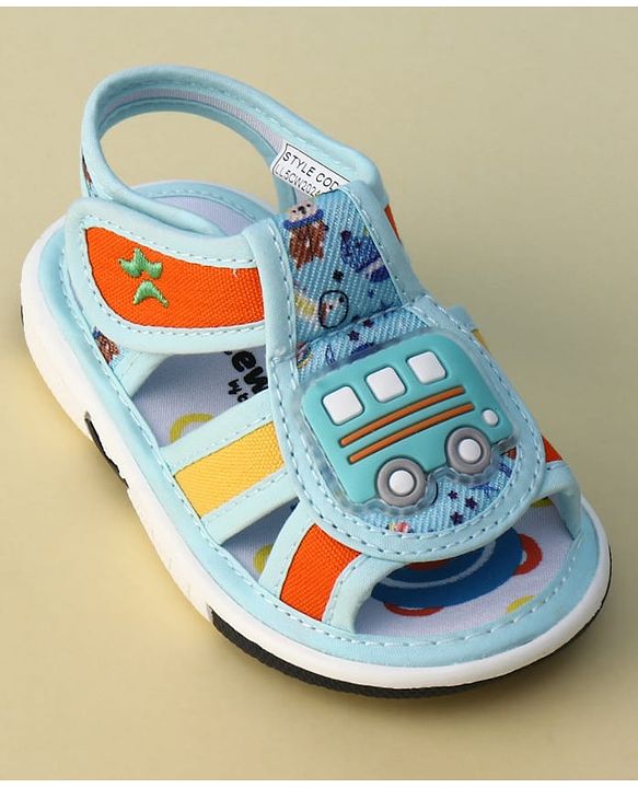 Cute Walk by Babyhug Velcro Closure Printed Musical Sandal With Vehicles Applique - Light Blue