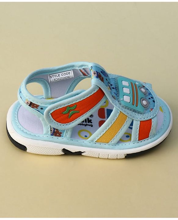 Cute Walk by Babyhug Velcro Closure Printed Musical Sandal With Vehicles Applique - Light Blue