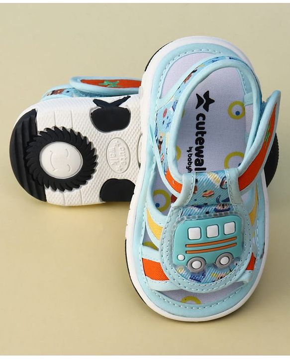 Cute Walk by Babyhug Velcro Closure Printed Musical Sandal With Vehicles Applique - Light Blue