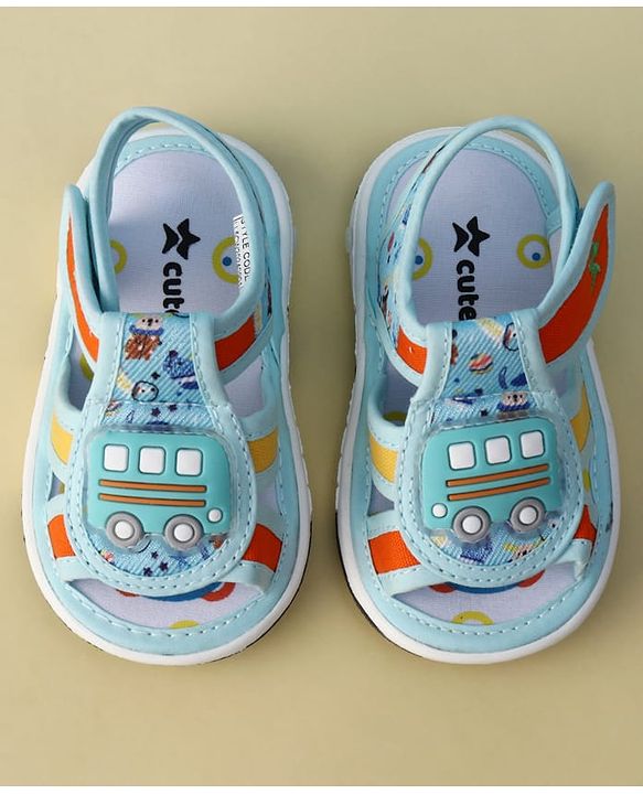 Cute Walk by Babyhug Velcro Closure Printed Musical Sandal With Vehicles Applique - Light Blue