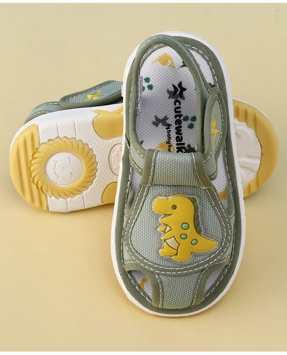 Cute Walk by Babyhug Velcro Closure Printed Musical Sandal With Vehicles & Dino Applique - Olive Green