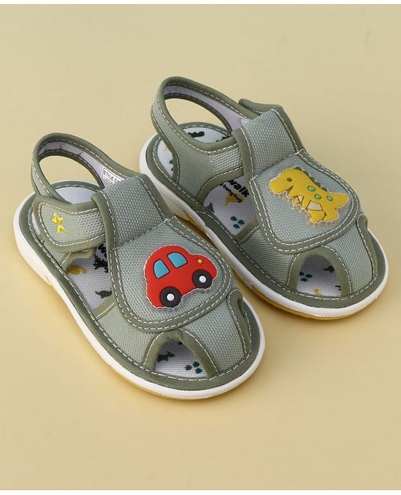 Cute Walk by Babyhug Velcro Closure Printed Musical Sandal With Vehicles & Dino Applique - Olive Green
