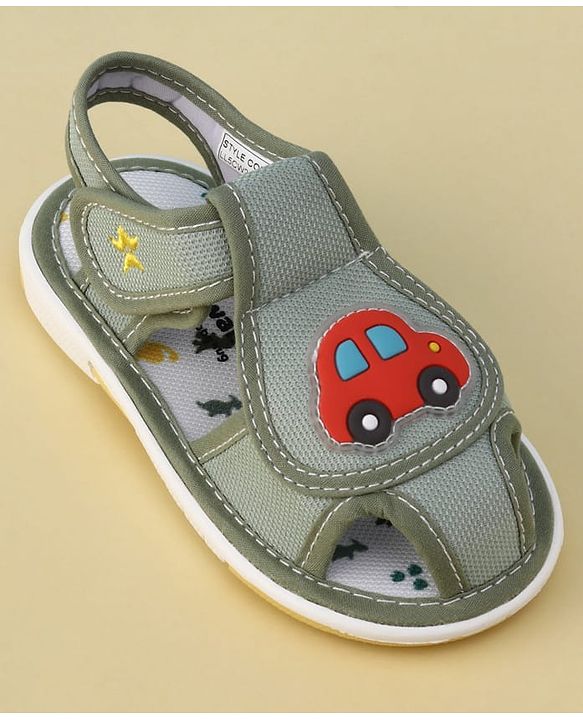 Cute Walk by Babyhug Velcro Closure Printed Musical Sandal With Vehicles & Dino Applique - Olive Green