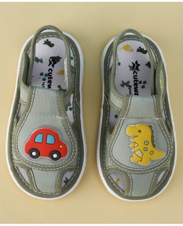 Cute Walk by Babyhug Velcro Closure Printed Musical Sandal With Vehicles & Dino Applique - Olive Green