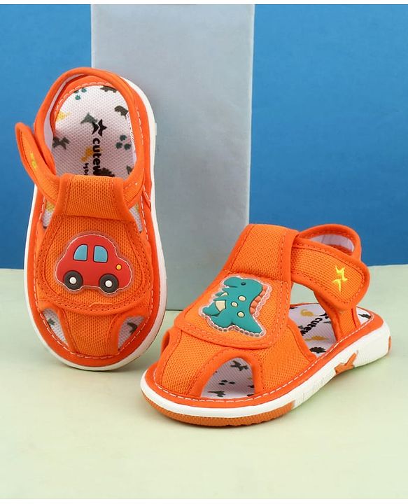 Cute Walk by Babyhug Velcro Closure Printed Musical Sandal With Vehicles & Dino Applique - Olive Green