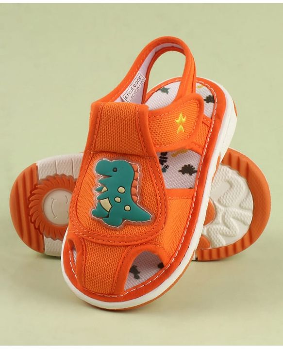 Cute Walk by Babyhug Velcro Closure Printed Musical Sandal With Vehicles & Dino Applique - Olive Green