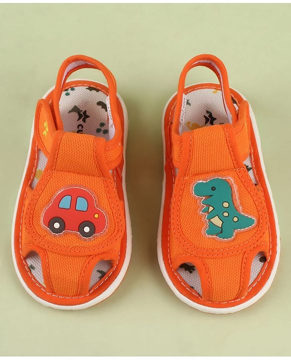 Cute Walk by Babyhug Velcro Closure Printed Musical Sandal With Vehicles & Dino Applique - Olive Green