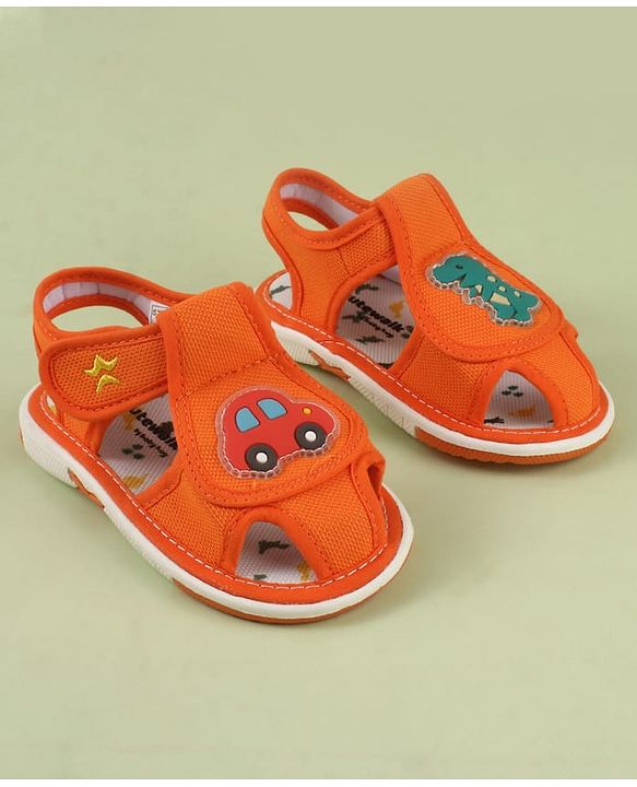 Cute Walk by Babyhug Velcro Closure Printed Musical Sandal With Vehicles & Dino Applique - Olive Green