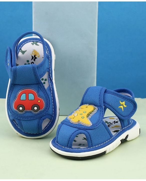 Cute Walk by Babyhug Velcro Closure Printed Musical Sandal With Vehicles & Dino Applique - Olive Green