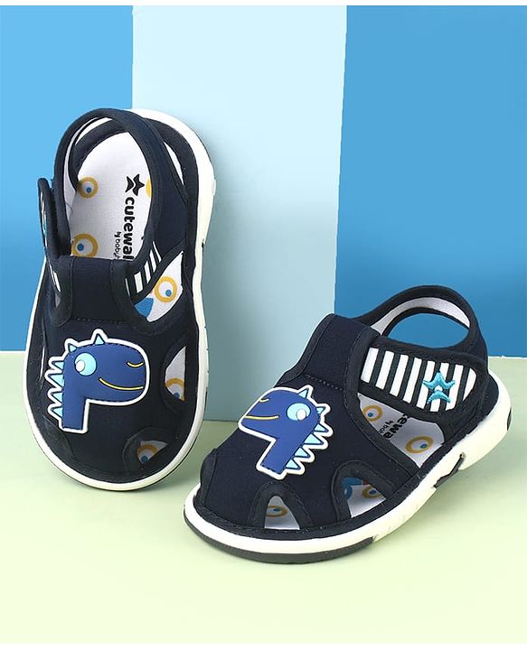 Cute Walk by Babyhug Velcro Closure Sandals With Dino Applique - Navy Blue