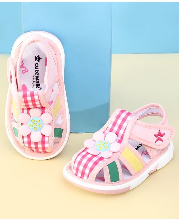 Cute Walk by Babyhug Velcro Closure Musical Sandal With Floral Applique & Checks - Pink