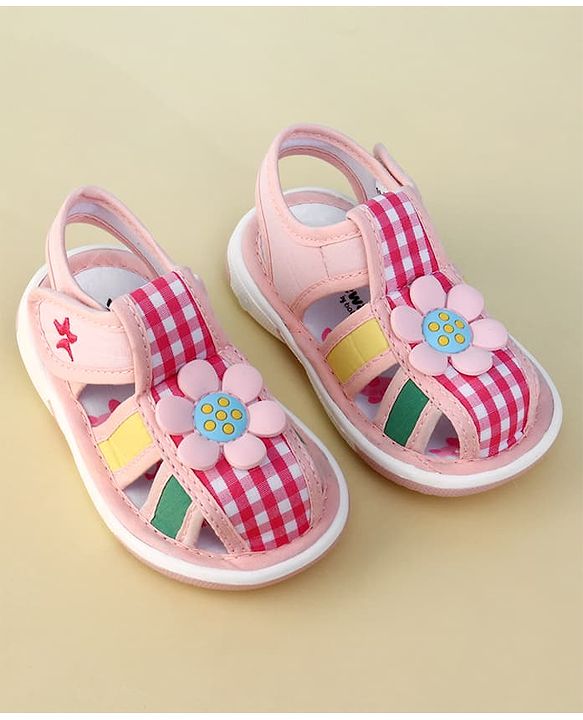 Cute Walk by Babyhug Velcro Closure Musical Sandal With Floral Applique & Checks - Pink