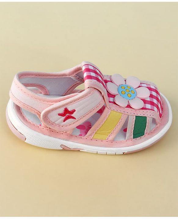 Cute Walk by Babyhug Velcro Closure Musical Sandal With Floral Applique & Checks - Pink