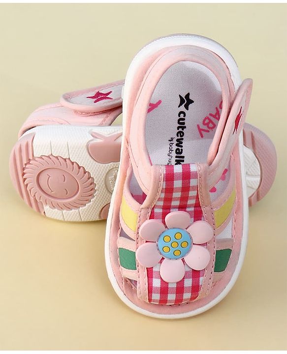 Cute Walk by Babyhug Velcro Closure Musical Sandal With Floral Applique & Checks - Pink