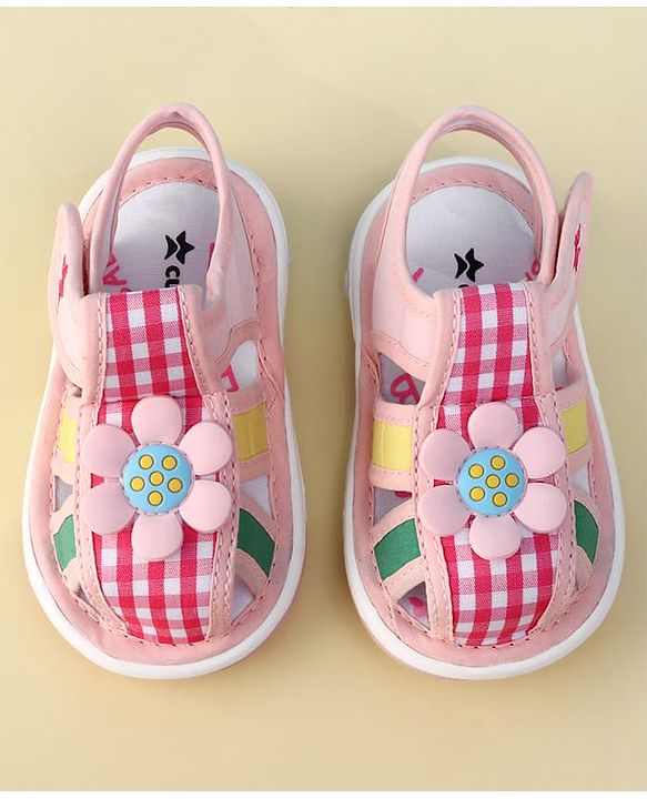 Cute Walk by Babyhug Velcro Closure Musical Sandal With Floral Applique & Checks - Pink