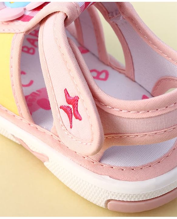 Cute Walk by Babyhug Velcro Closure Musical Sandal With Floral Applique & Checks - Pink