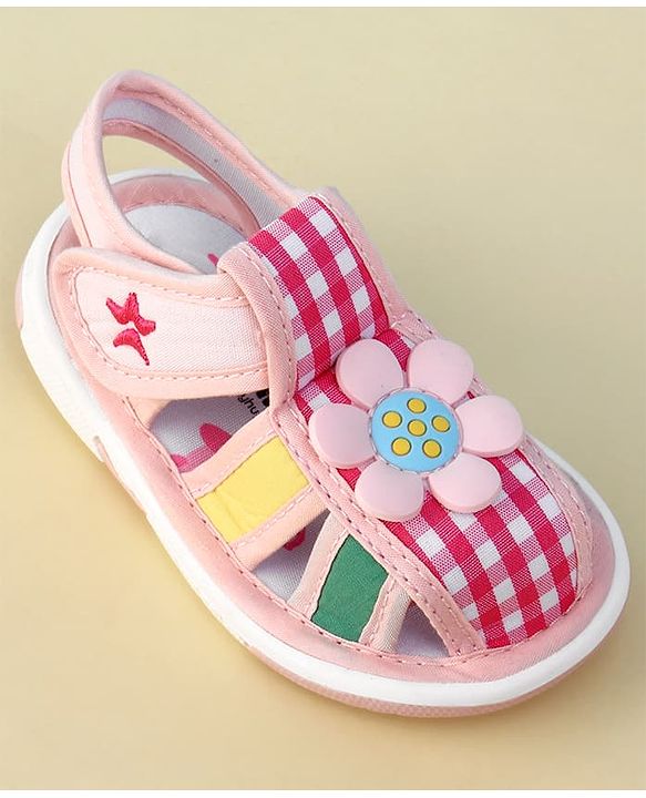 Cute Walk by Babyhug Velcro Closure Musical Sandal With Floral Applique & Checks - Pink