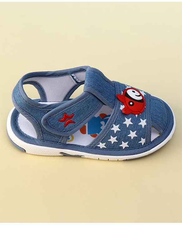 Cute Walk by Babyhug Velcro Closure Musical Sandal With Star Print & Fish Applique - Blue