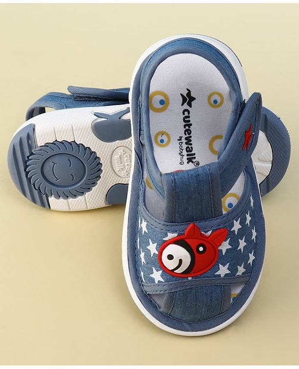 Cute Walk by Babyhug Velcro Closure Musical Sandal With Star Print & Fish Applique - Blue
