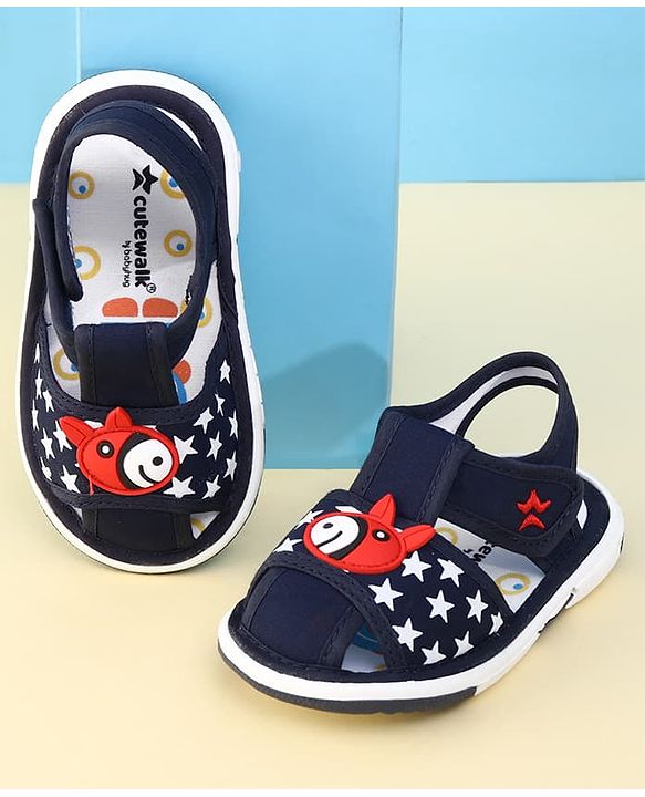 Cute Walk by Babyhug Velcro Closure Musical Sandal With Star Print & Fish Applique - Blue