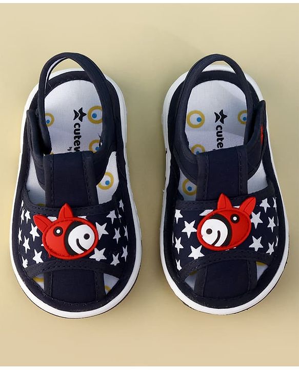 Cute Walk by Babyhug Velcro Closure Musical Sandal With Star Print & Fish Applique - Blue