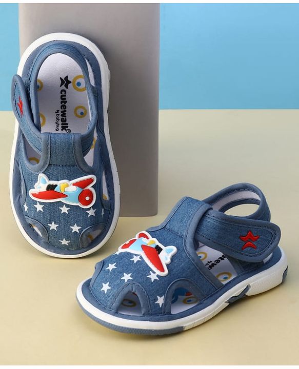 Cute Walk by Babyhug Velcro Closure Musical Sandal With Star  Print & Aeroplane Applique - Blue
