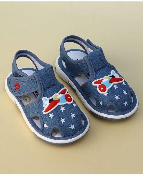 Cute Walk by Babyhug Velcro Closure Musical Sandal With Star  Print & Aeroplane Applique - Blue