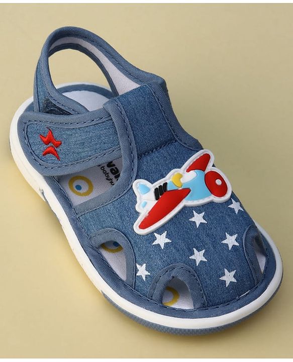 Cute Walk by Babyhug Velcro Closure Musical Sandal With Star  Print & Aeroplane Applique - Blue