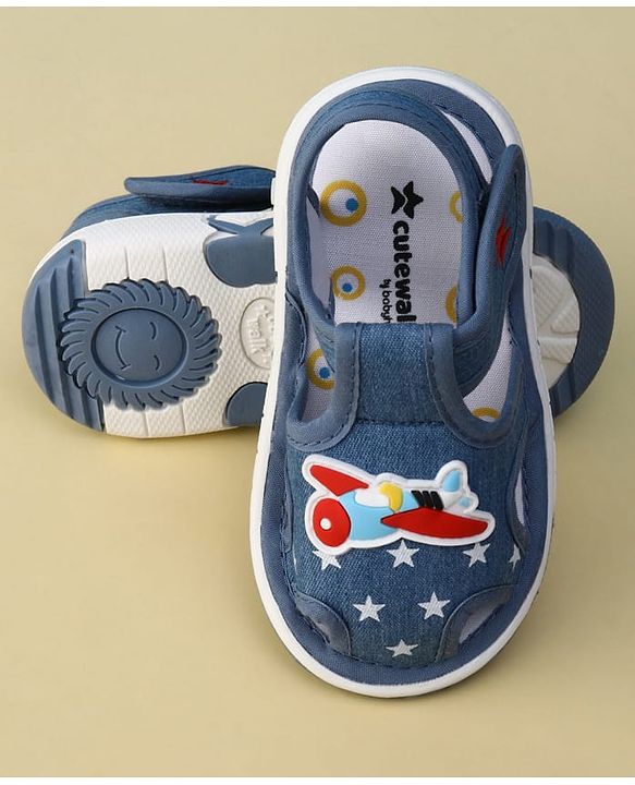 Cute Walk by Babyhug Velcro Closure Musical Sandal With Star  Print & Aeroplane Applique - Blue