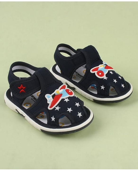Cute Walk by Babyhug Velcro Closure Musical Sandal With Star  Print & Aeroplane Applique - Blue