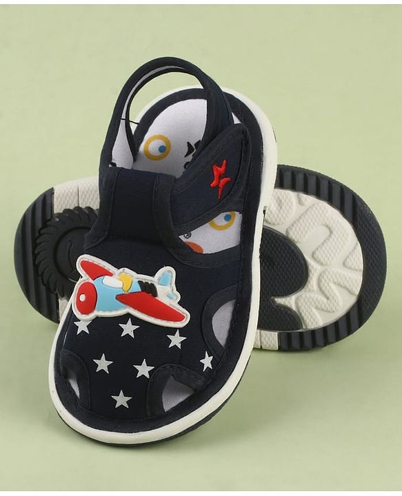Cute Walk by Babyhug Velcro Closure Musical Sandal With Star  Print & Aeroplane Applique - Blue