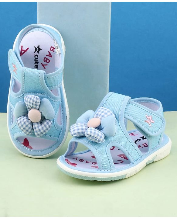 Cute Walk by Babyhug Velcro Closure Musical Sandal With Floral Applique - Light Blue