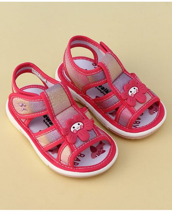 Cute Walk by Babyhug Velcro Closure Glitter Printed Musical Sandal With Floral Applique - Fuchsia