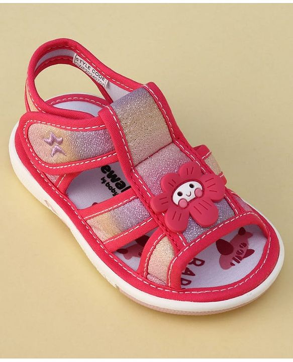 Cute Walk by Babyhug Velcro Closure Glitter Printed Musical Sandal With Floral Applique - Fuchsia