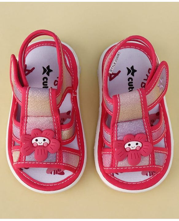 Cute Walk by Babyhug Velcro Closure Glitter Printed Musical Sandal With Floral Applique - Fuchsia