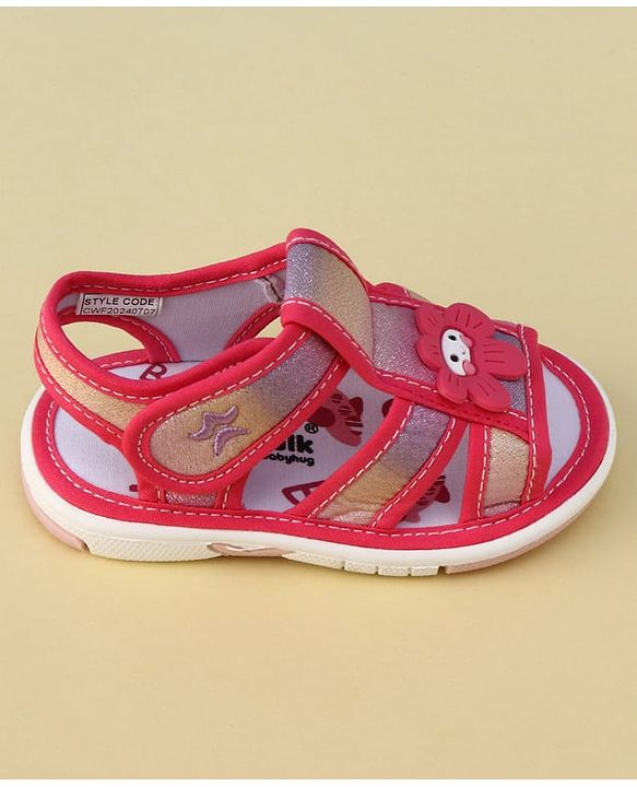 Cute Walk by Babyhug Velcro Closure Glitter Printed Musical Sandal With Floral Applique - Fuchsia