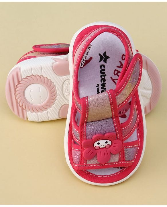 Cute Walk by Babyhug Velcro Closure Glitter Printed Musical Sandal With Floral Applique - Fuchsia