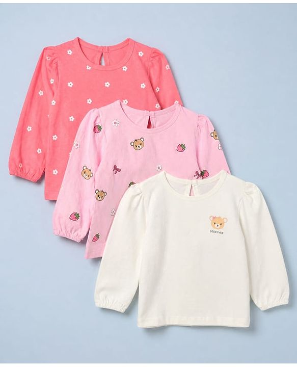 Babyhug 100% Cotton Knit Full Sleeves T-Shirts with Bear Print Pack of 3 in White Pink