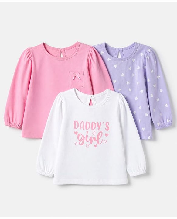 Babyhug Cotton Knit Full Sleeves T-Shirts with Daddy's Girl Heart Print & Bow Applique Pack of 3 - Pink, Lavender & White