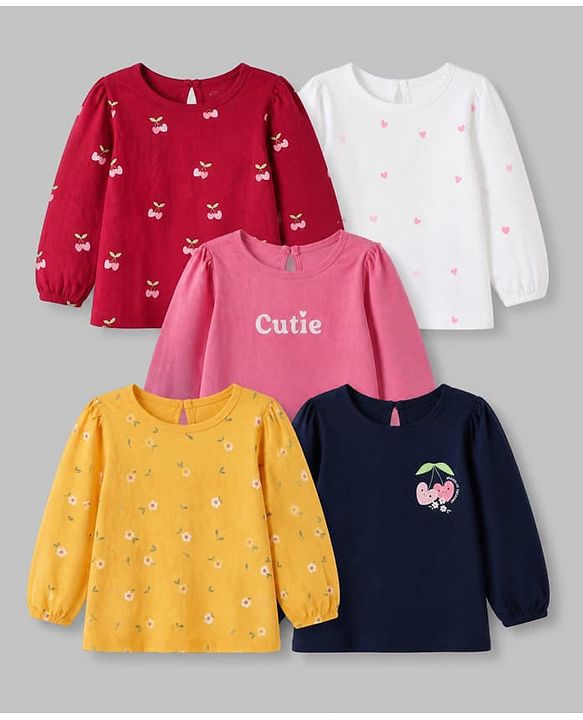 Babyhug 100% Cotton Knit T-Shirt with Full Sleeves and Cherries Print Pack of 5 in Yellow Pink Maroon