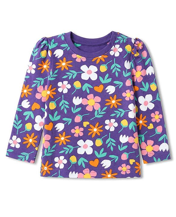Babyhug 100% Cotton knit Full Sleeves Co-Ords T-Shirt & Pyjama Night Suit with Floral Print - Purple