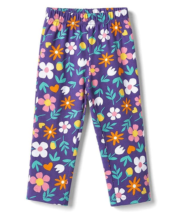 Babyhug 100% Cotton knit Full Sleeves Co-Ords T-Shirt & Pyjama Night Suit with Floral Print - Purple
