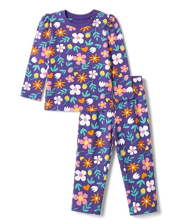 Babyhug 100% Cotton knit Full Sleeves Co-Ords T-Shirt & Pyjama Night Suit with Floral Print - Purple
