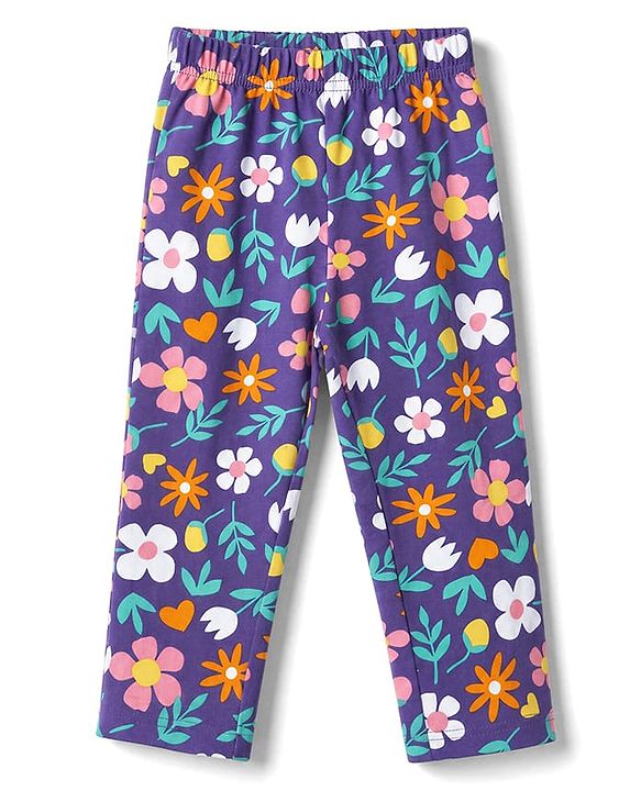 Babyhug 100% Cotton knit Full Sleeves Co-Ords T-Shirt & Pyjama Night Suit with Floral Print - Purple